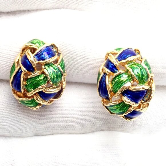 Vintage Tiffany & Co Green Blue Enamel 18k Yellow Gold Basket Weave Earrings - Picture 4 of 12